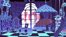 a cartoon drawing of a room with a table and chairs