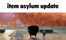 a cartoon character is standing on a beach with umbrellas and the words `` item asylum update '' below it .