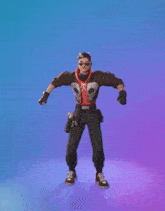 a man in a skull and crossbones outfit is jumping in the air with his hand in the air