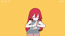a girl with red hair is praying in front of a yellow background with chinese characters
