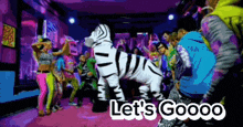 a group of people are dancing in a room with the words let 's goooo on the bottom right