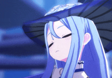 a girl with long blue hair is wearing a witch hat