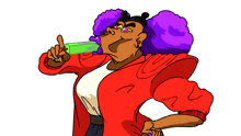 a cartoon of a woman with purple hair drinking a green liquid