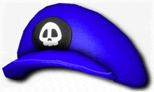 a blue hat with a black circle with a white skull on it