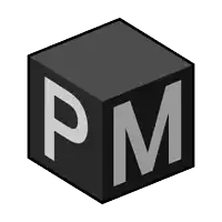 a black cube with the letter pm on the side