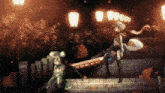 a pixel art of two anime characters standing on stairs