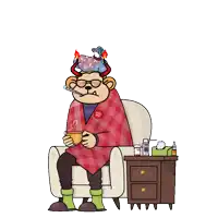 a cartoon of a man sitting in a chair with an explosion coming out of his face