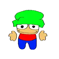a cartoon character is wearing a green hat and a red shirt .