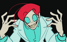 a cartoon character with red hair is smiling and making a face with his hands