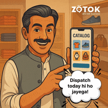a cartoon of a man holding a cell phone with catalog on it