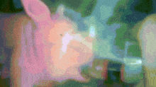 a blurred image of a rabbit looking at a glass of water