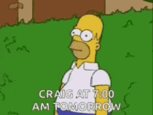 homer simpson from the simpsons is standing in the grass and says craig at 7:00 am tomorrow