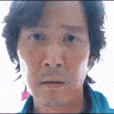 a close up of a man 's face with a surprised look on his face and a beard .