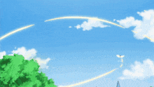 a girl with yellow hair and a flower in her hair is flying in the air