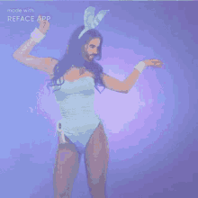 a man with a beard is dressed as a playboy bunny with his arms outstretched