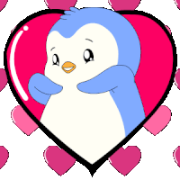 a penguin in a heart surrounded by pink hearts on a white background
