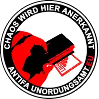 a red and black logo that says chaos wird hier anerkannt antifa unordnungsamt.eu