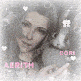 a picture of a woman holding a rabbit with the name aerith on the bottom