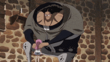 a cartoon of a man kneeling down with a small girl on his lap