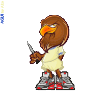 a cartoon of an eagle holding a knife by a guy named aqui