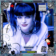 a picture of a woman with blue hair and a computer screen that says " break my heart "