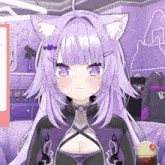 a girl with purple hair and white ears has a cherry on top of her ice cream