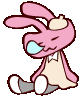 a pink bunny rabbit is sitting down with its eyes closed and a bubble in its mouth .