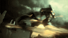 a painting of a person flying through the air with a sword