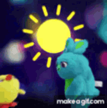 a stuffed bunny is standing next to a stuffed chicken in front of a sun .