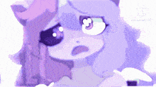 a cartoon drawing of a purple unicorn with a sad look on its face .