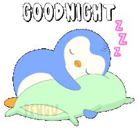 a penguin is sleeping on a green pillow with the words goodnight written above him