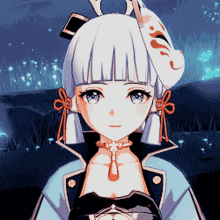 a girl with white hair is wearing a fox mask on her head