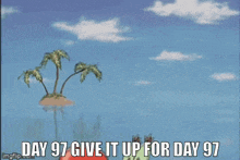 a cartoon of a crab holding a bell with the words `` day 97 give it up for day 97 '' written below it .