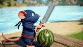 a cartoon mouse is holding a sword and a watermelon