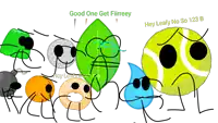 a group of cartoon characters including a tennis ball and a leaf saying good one get filreey