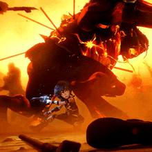 a cartoon character holding a gun is fighting a monster