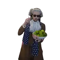 a man wearing a wig and sunglasses is holding a bowl of limes