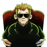 a cartoon man is sitting in a chair holding a short and a long capsule