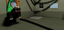 a cartoon character with a yellow box on his head stands next to another character