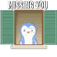 a penguin is looking out of a window with the words missing you written above it