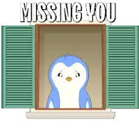 a penguin is looking out of a window with the words missing you written above it
