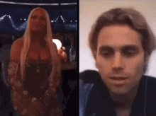 a man and a woman are standing next to each other in a dark room
