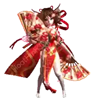 a woman in a red and white dress is holding a fan and the word hoath is on the bottom right