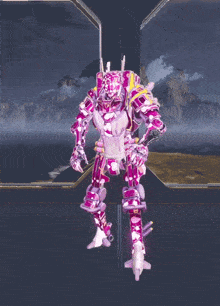 a purple robot with a floral pattern on it