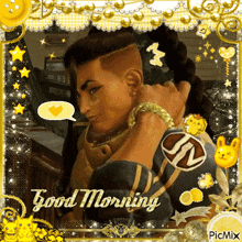 a picture of a man with the words " good morning " on the bottom