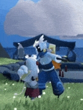 a group of cartoon characters are standing in a grassy field .