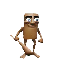 a cartoon character with blue eyes is holding a wooden stick
