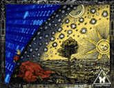 a painting of a man kneeling under a starry sky with a binary code behind him