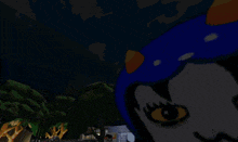 a blue and orange cartoon character with horns is on the sand