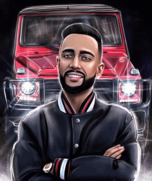 a drawing of a man with his arms crossed in front of a red jeep